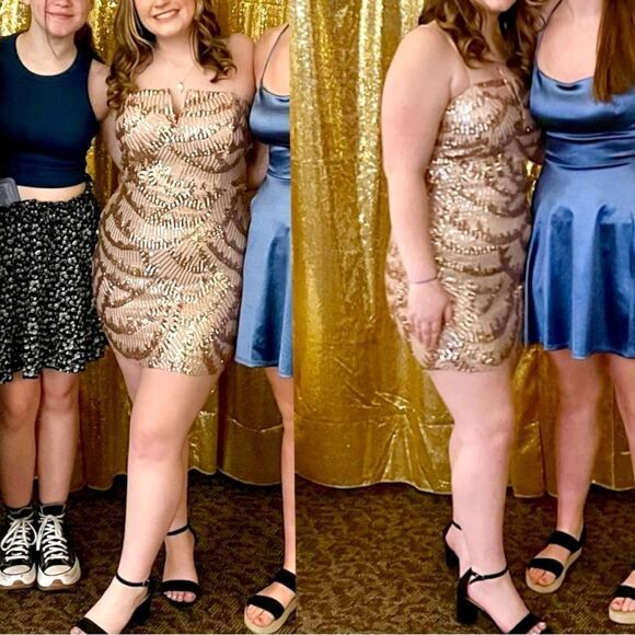 Emerald Sundae Gold Beige V-Wire Sequined Bodycon Dress Size Large - Picture 4 of 15